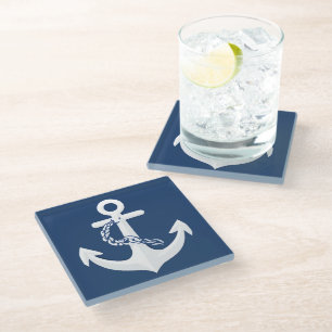 Posavasos De Vidrio Símbolo Náutico de Ancla Clásico Blanco Azul Marin