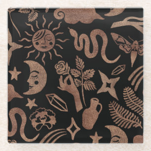 Posavasos De Vidrio Símbolos místicos: serpiente, sol, luna.