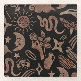 Posavasos De Vidrio Símbolos místicos: serpiente, sol, luna.