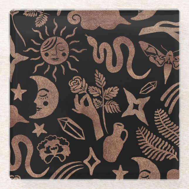 Posavasos De Vidrio Símbolos místicos: serpiente, sol, luna. (Anverso)