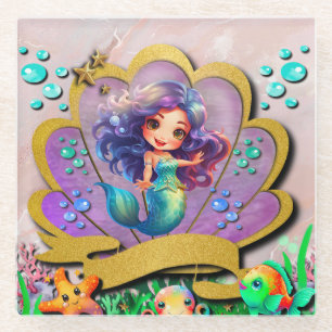 Posavasos De Vidrio Sirena, conchas marinas, amigos de animales marino