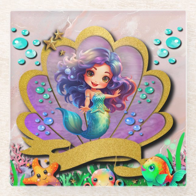 Posavasos De Vidrio Sirena, conchas marinas, amigos de animales marino (Anverso)