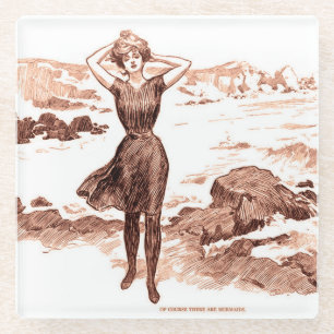 Posavasos De Vidrio Sirena de playa Gibson Girl vintage Belleza de bañ