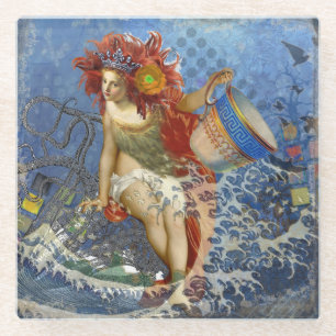 Posavasos De Vidrio Sirena gótica de Acuario Arte Azul
