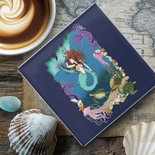 Posavasos De Vidrio Sirena Mística Fantasía Oceánica Azul Vida Marina