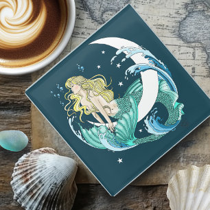 Posavasos De Vidrio Sirena Rubia Art Deco Fantasía Luna Creciente