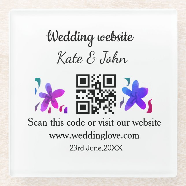 Posavasos De Vidrio Sitio web simple mínimo de boda Q código R añadir  (Anverso)
