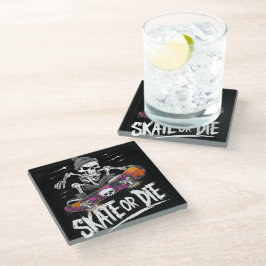Posavasos De Vidrio Skateboard Edgy Halloween Skeleton Riding: Monochr