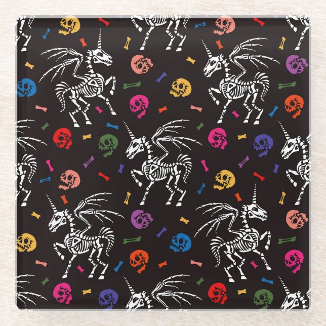 Posavasos De Vidrio Skeleton Pegasus: patrón de cráneos coloridos. (Anverso)