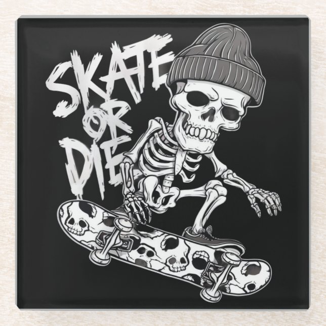 Posavasos De Vidrio Skeleton Skateboarder Temático De Halloween: Estil (Anverso)