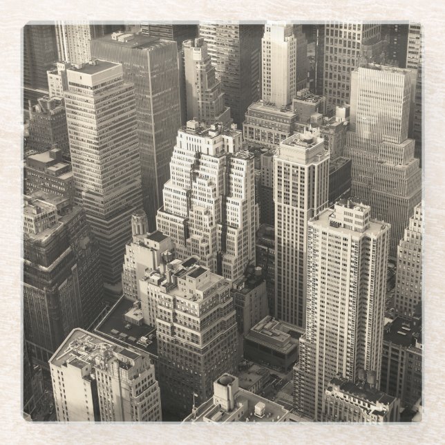 Posavasos De Vidrio Skyline de Manhattan, aéreo blanco y negro. (Anverso)