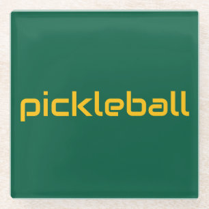 Posavasos De Vidrio Sleek Yellow PICKLEBALL Textos En Hunter Green