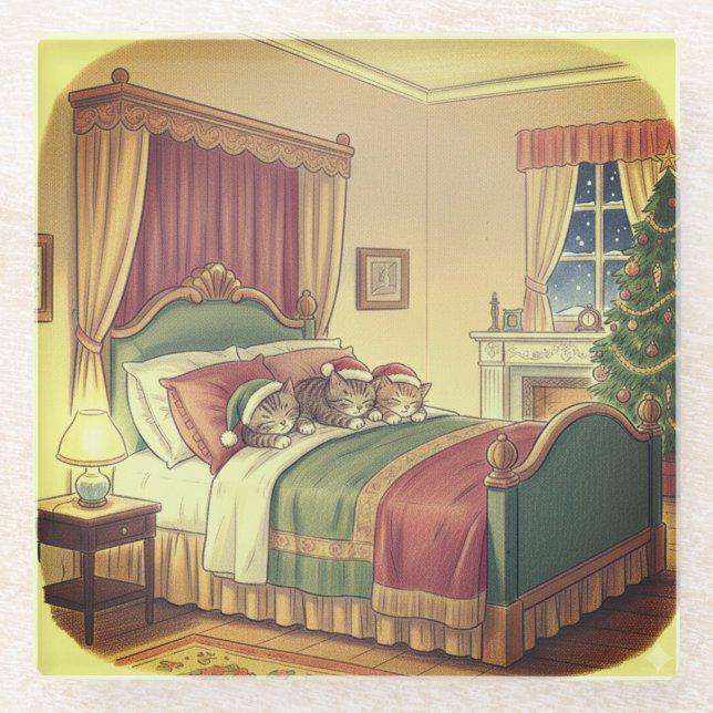 Posavasos De Vidrio Sleeping Christmas Cats Glass Coaster (Anverso)