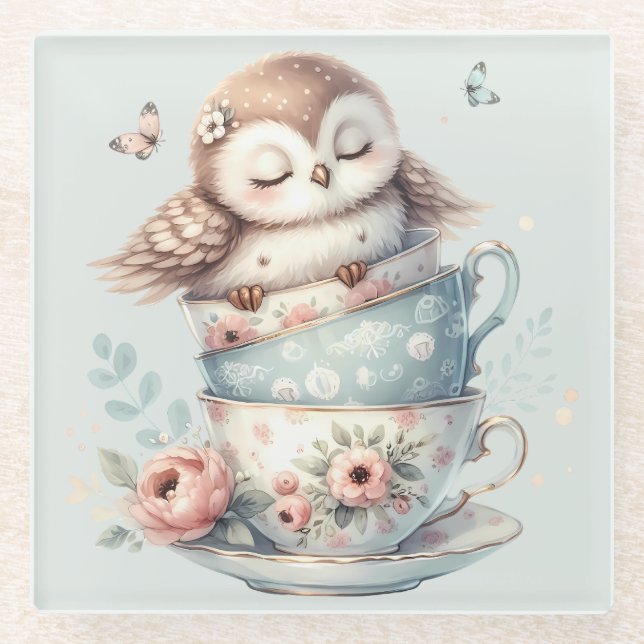 Posavasos De Vidrio Sleeping Owl in Stacked Floral Teacups (Anverso)