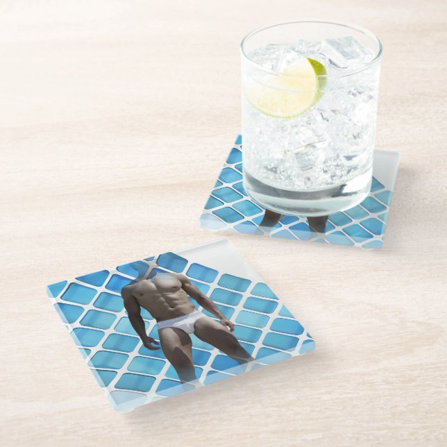 Posavasos De Vidrio SlipperyJoe hombre muscular seis empates abs macho (Angular)