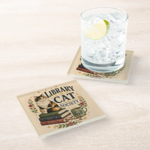 Posavasos De Vidrio Sociedad de Gatos de Biblioteca Calico Erudito