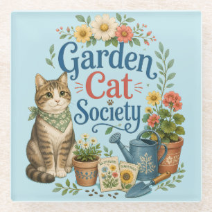 Posavasos De Vidrio Sociedad de Gatos de Jardín Cottagecore Florales