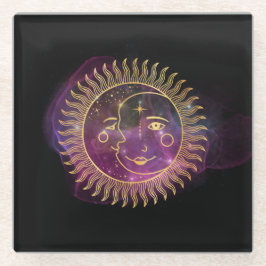 Posavasos De Vidrio Sol celeste púrpura y luna