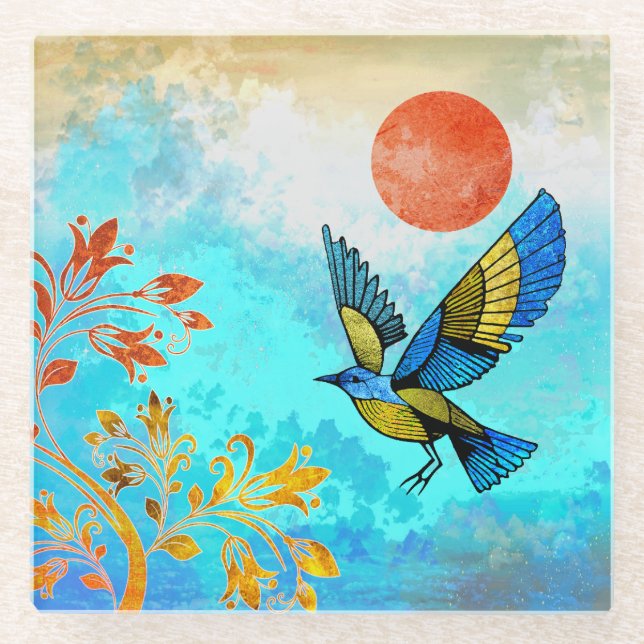Posavasos De Vidrio Sol de árbol de aves (Anverso)