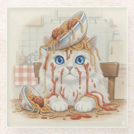 Posavasos De Vidrio Spaghetti Kitty, White, Glass Coaster