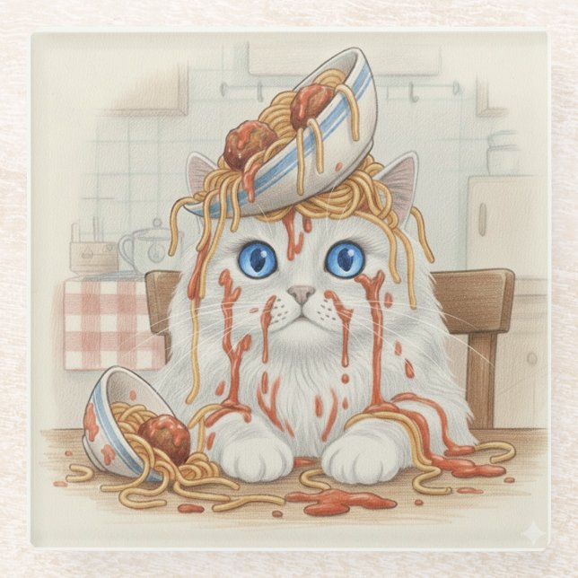 Posavasos De Vidrio Spaghetti Kitty, White, Glass Coaster (Anverso)