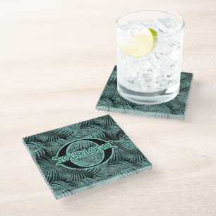 Posavasos De Vidrio Sparkling Palm Leaves Pattern ID831 Verde azulado
