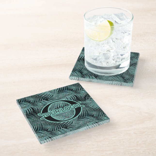 Posavasos De Vidrio Sparkling Palm Leaves Pattern ID831 Verde azulado (Angular)