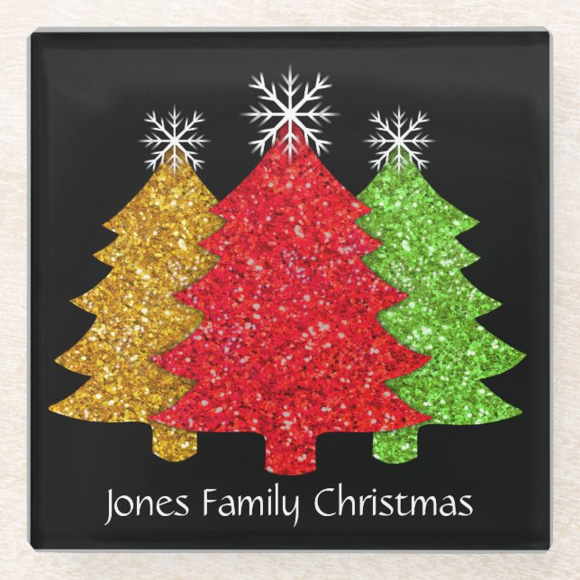 Posavasos De Vidrio Sparkling rojo dorado verde árbol de Navidad copo  (Anverso)