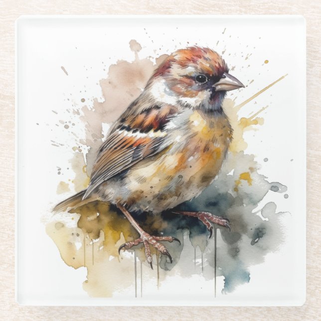 Posavasos De Vidrio Sparrow de acuarela rusa (Anverso)