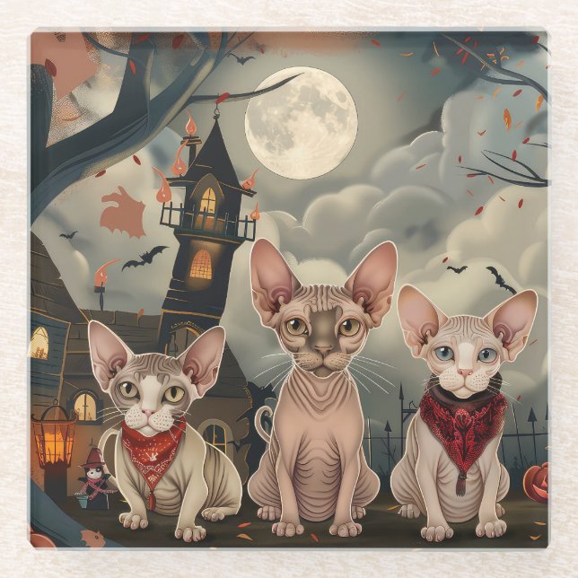 Posavasos De Vidrio Sphynx Cat Halloween Spooky (Anverso)