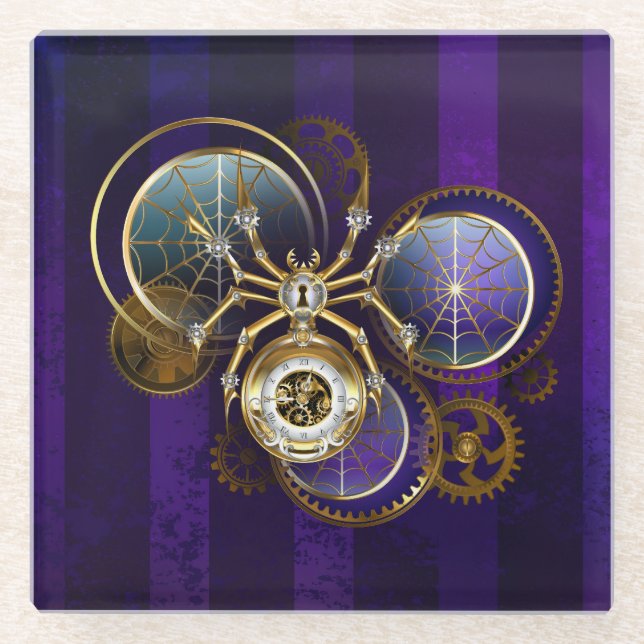 Posavasos De Vidrio Spider Steampunk sobre fondo morado (Anverso)