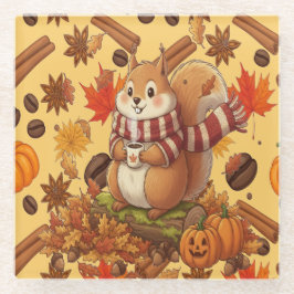 Posavasos De Vidrio Squirrel Autumn and Pumpkin and Coffe