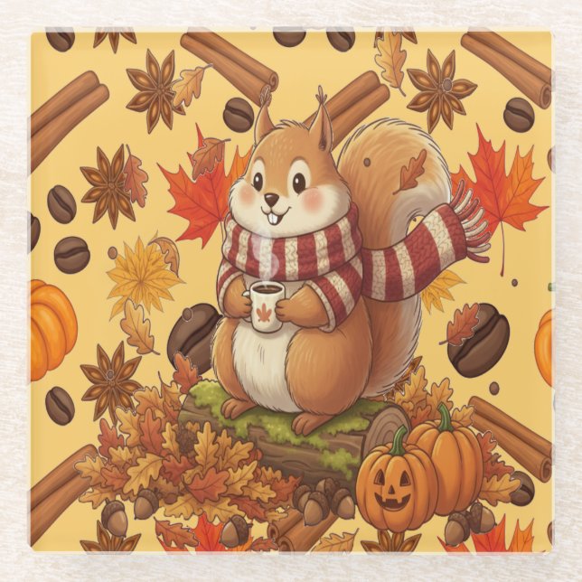 Posavasos De Vidrio Squirrel Autumn and Pumpkin and Coffe (Anverso)