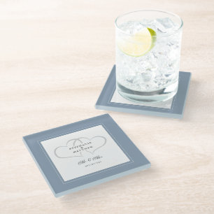 Posavasos De Vidrio Sr y Sra Dusty Blue Elegante Boda Chic Corazones