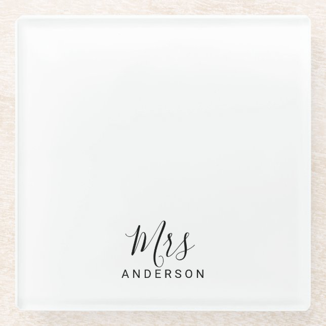 Posavasos De Vidrio Sr. y Sra. | Escritura moderna en blanco y negro (Anverso)