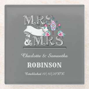 Posavasos De Vidrio Sra. y Sra. Boda Lesbiana Personalizada Regalo