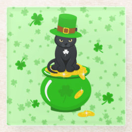 Posavasos De Vidrio St. Patrick's Day Shamrock Pot of Gold Black Cat