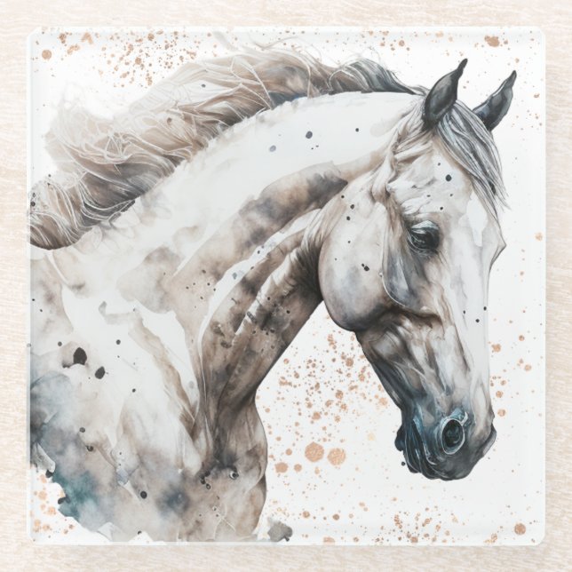 Posavasos De Vidrio Stallion blanco | Diseño de acuarela | (Anverso)