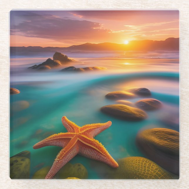 Posavasos De Vidrio Starfish en la playa en Dawn (Anverso)