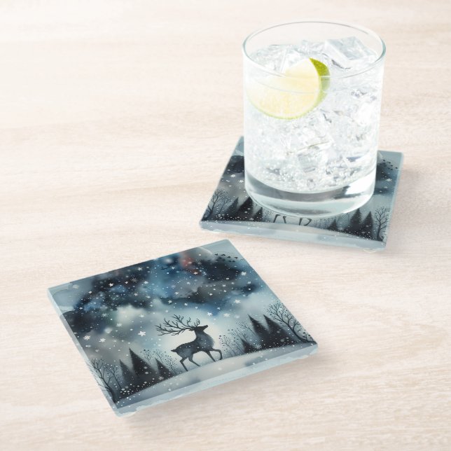 Posavasos De Vidrio Starry Winter Night Deer (Angular)