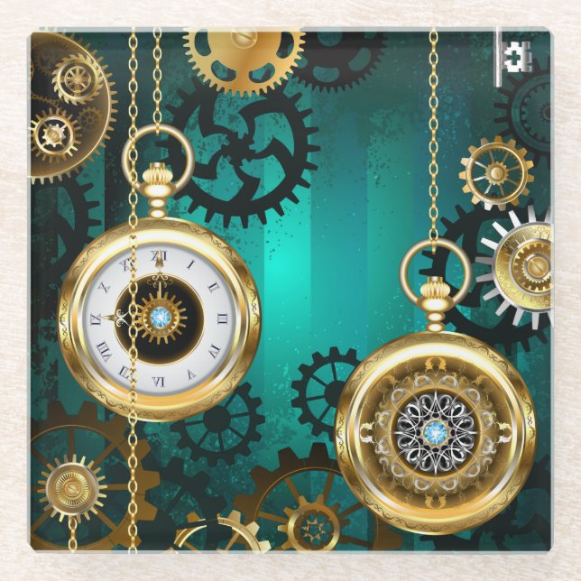 Posavasos De Vidrio Steampunk Jewelry Watch sobre un fondo verde (Anverso)