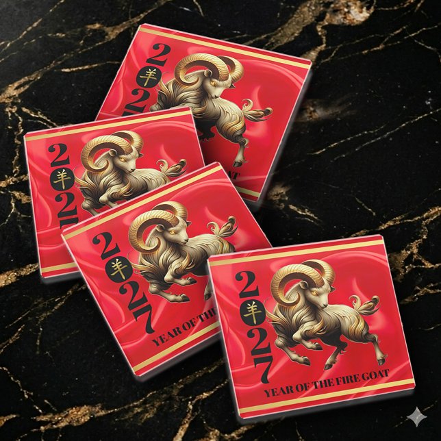 Posavasos De Vidrio Stunning Red Gold Chinese Year of Fire Goat 2027 (Stunning Red & Gold Year of the Fire Goat 2027 Glass Coasters Cover Photo)