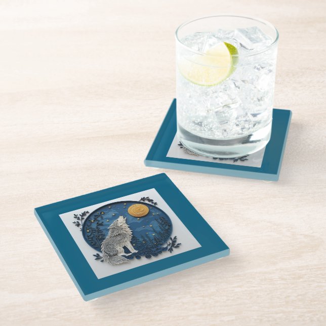 Posavasos De Vidrio Stylish Wolf Howling at the Moon on a Starry Night (Angular)