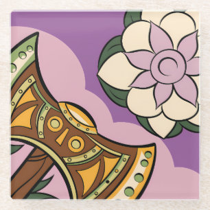 Posavasos De Vidrio Stylized Axe and Flower Design