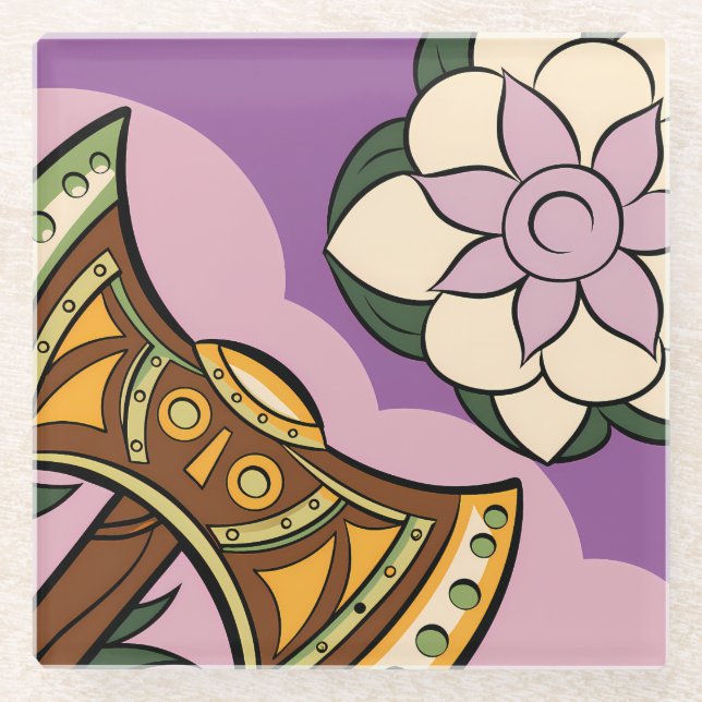 Posavasos De Vidrio Stylized Axe and Flower Design (Anverso)