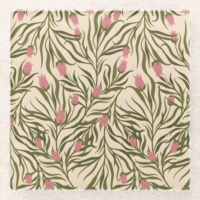 Posavasos De Vidrio Stylized pink bell-shaped floral pattern (Anverso)