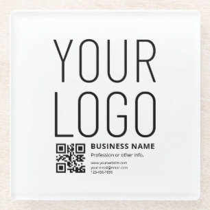 Posavasos De Vidrio Su logotipo con código QR editable y texto