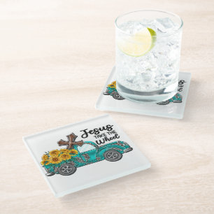 Posavasos De Vidrio Sublimación de girasol/camión inspirador