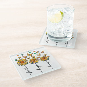 Posavasos De Vidrio Sublimación inspiradora de girasol/mariposa