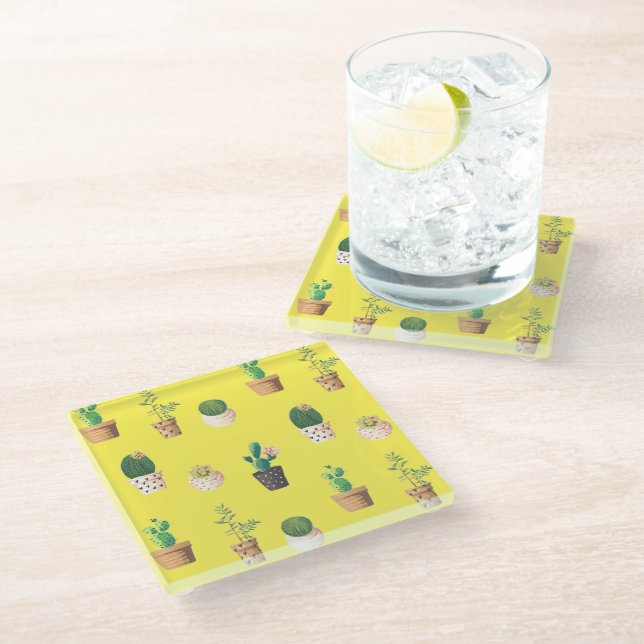Posavasos De Vidrio Suculento cactus de postre verde en macetas (Angular)